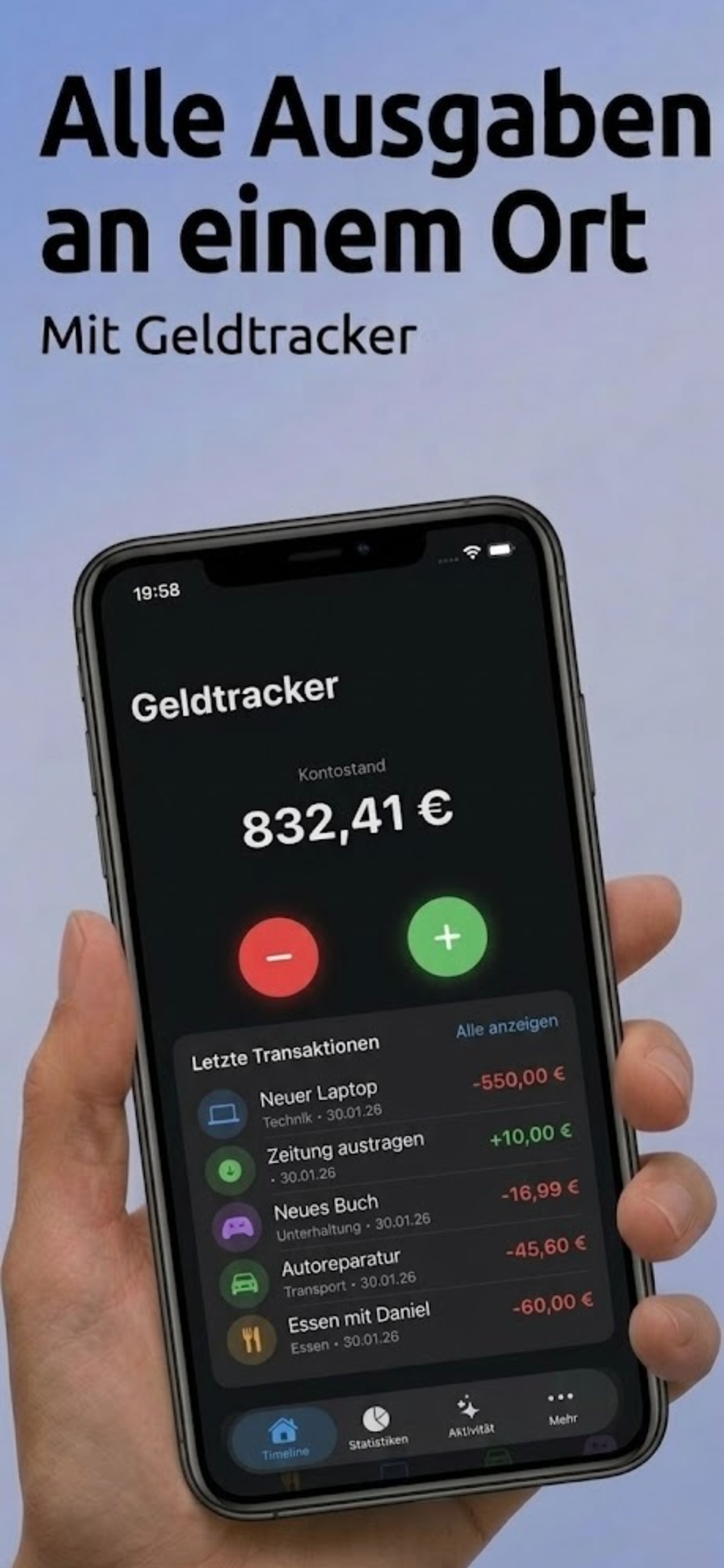 Geldtracker Dashboard — Balance and recent transactions
